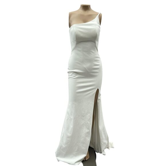 La Femme One-Shoulder Jersey White Long Gown Sultry‎ Thigh High Slit Women's  4 - Picture 3 of 13